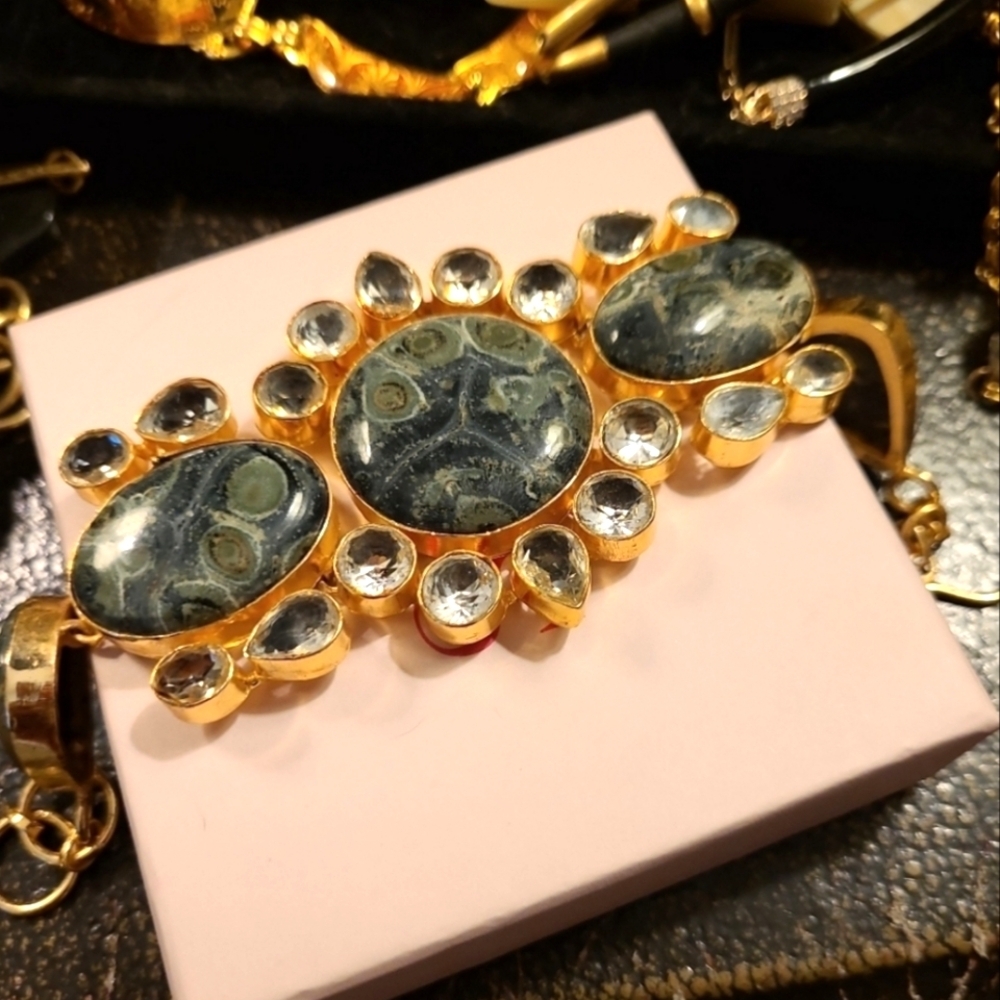 Artisan Leopard Skin Jasper Gold Link Crystal Gold Bracelet